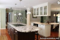 Classic Kitchen Design: Granite Island with White Glass Cabinets