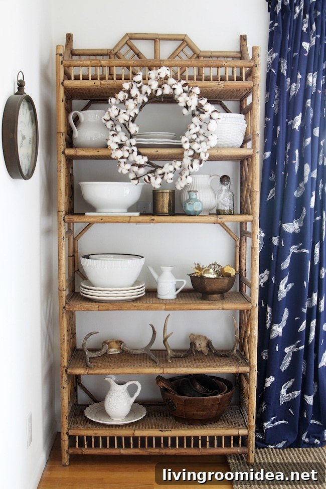 Rattan Shelf, Cotton Wood Wreath