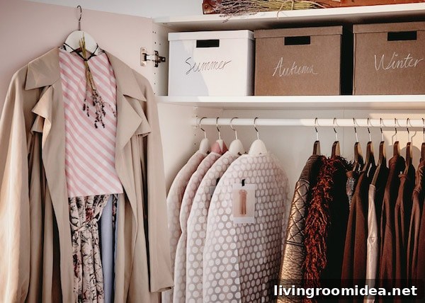 Organized closet with seasonal boxes