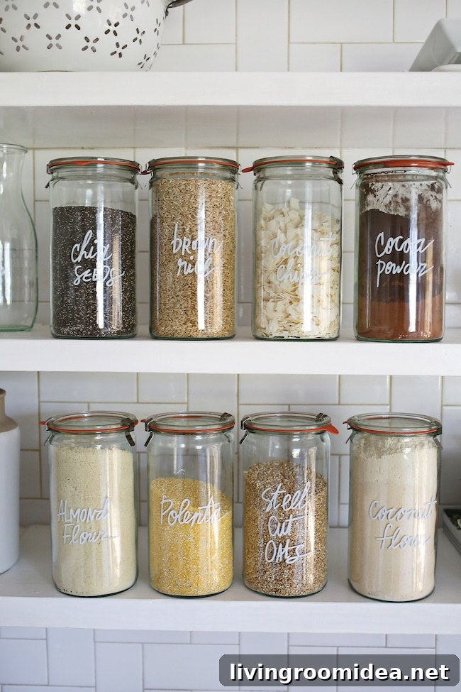 Organized pantry - bulk food in jars with paint pen label