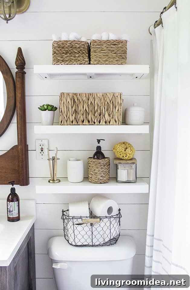 Charming Bathroom Storage Ideas for Small Spaces 9 Small Bathroom Organization - Shelves Above the Toilet - Shades of Blue Interiors