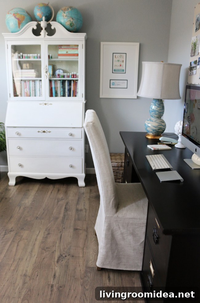 Home Office Makeover: See Our Room After New Flooring 4 Painted white secretary hutch - Mohawk laminate flooring
