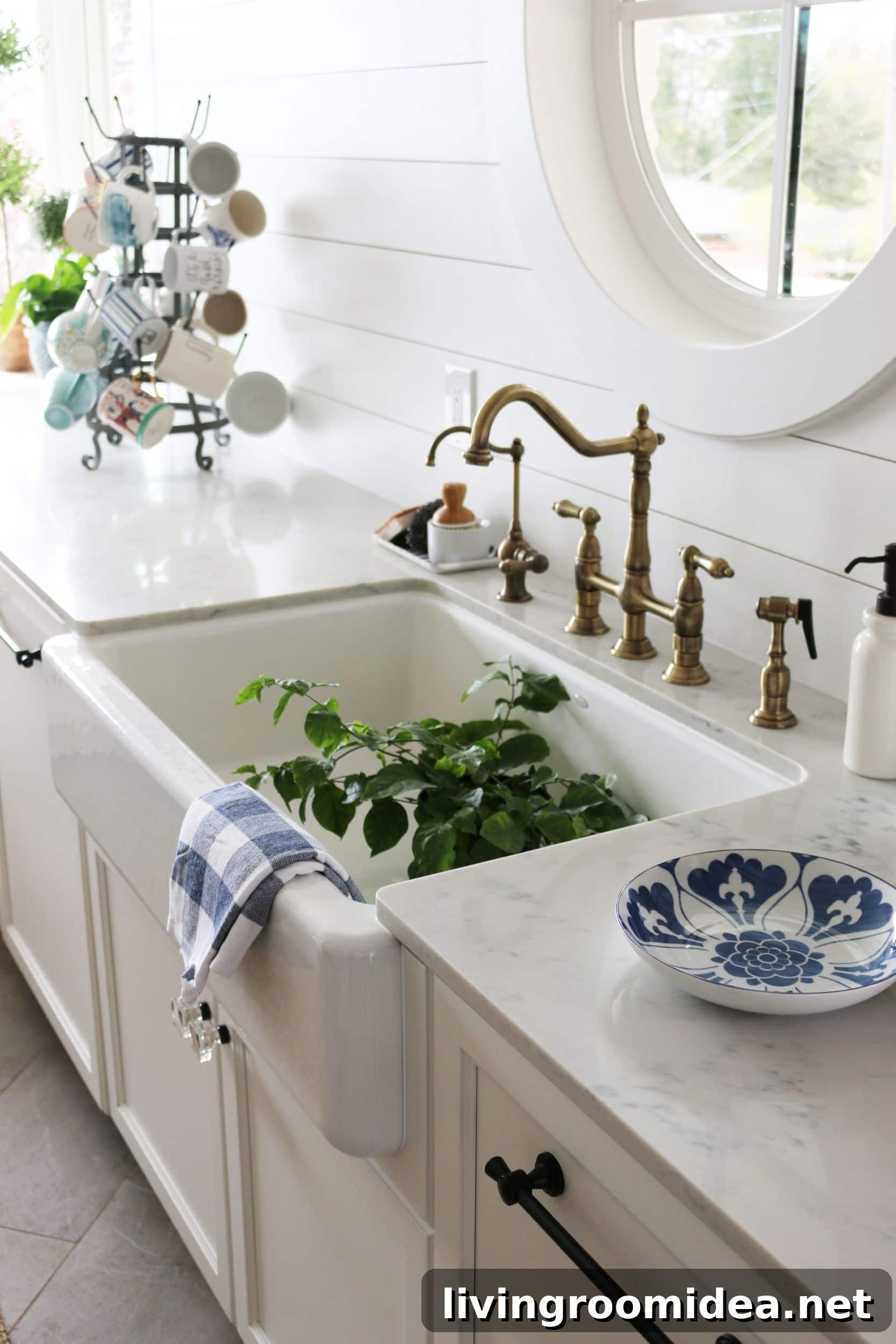 White Quartz Counters with Farmhouse Sink