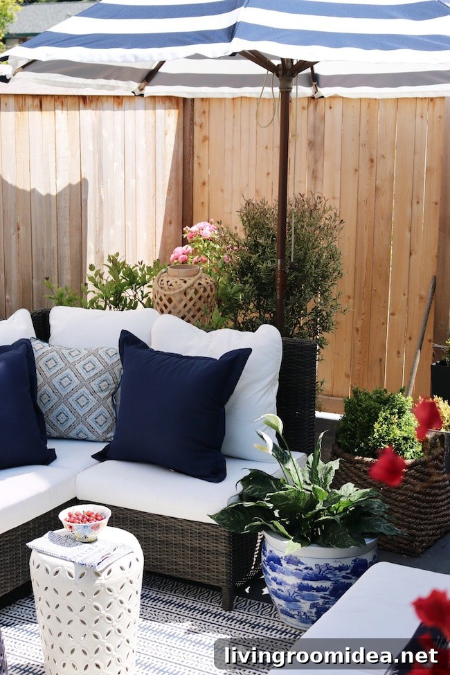 Side Patio Makeover Reveal + Win a Backyard Patio Pond 14 Blue and White Patio Porch Decoration