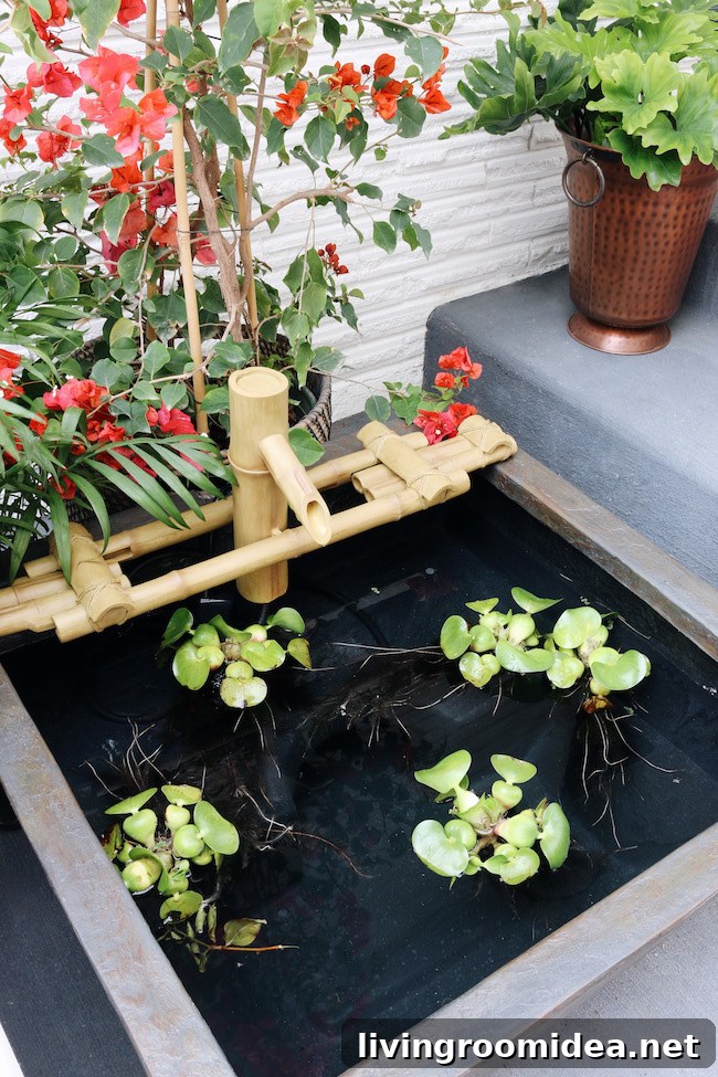 Patio Pond with Bamboo Spout - The Inspired Room Patio Makeover