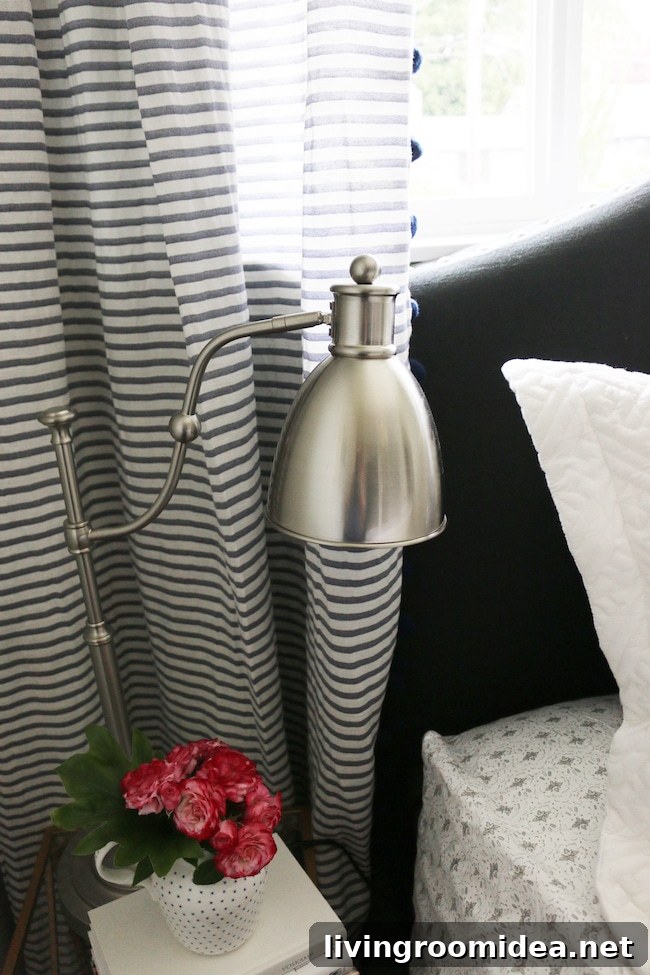 Coastal Cottage Bedroom Makeover Guide: Stylish Seaside Bedroom Ideas 12 Striped curtains, apothecary light