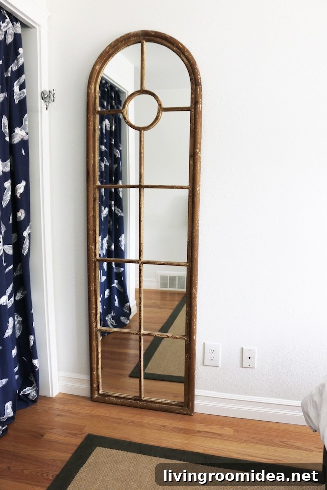 Farmhouse style full length mirror in guest room
