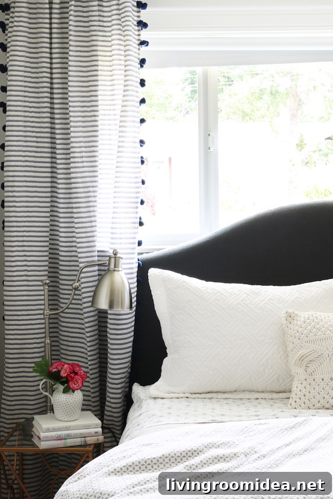 Coastal Cottage Bedroom Makeover with gray pinstriped curtains
