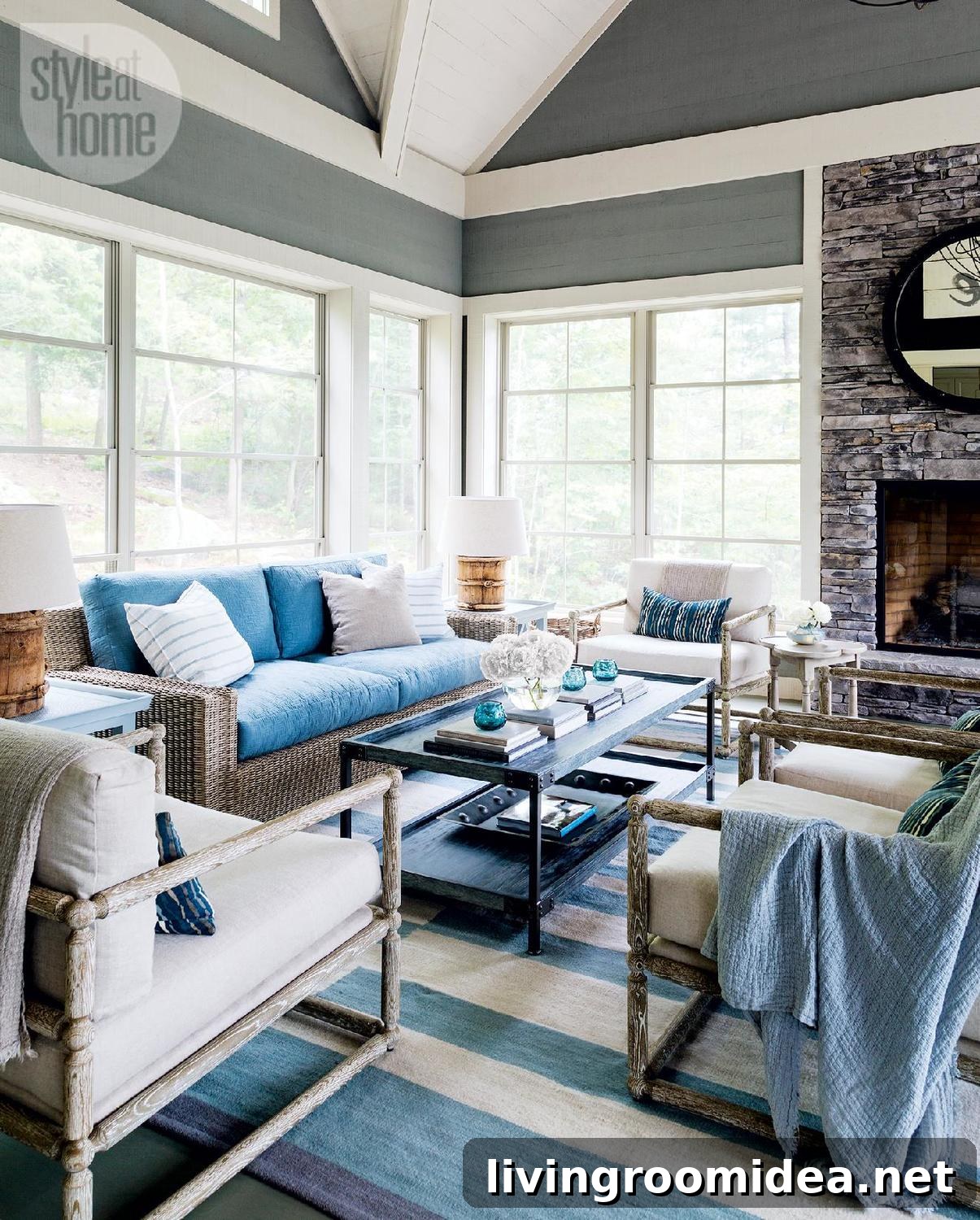 Lake House Living Room + Striped Rug