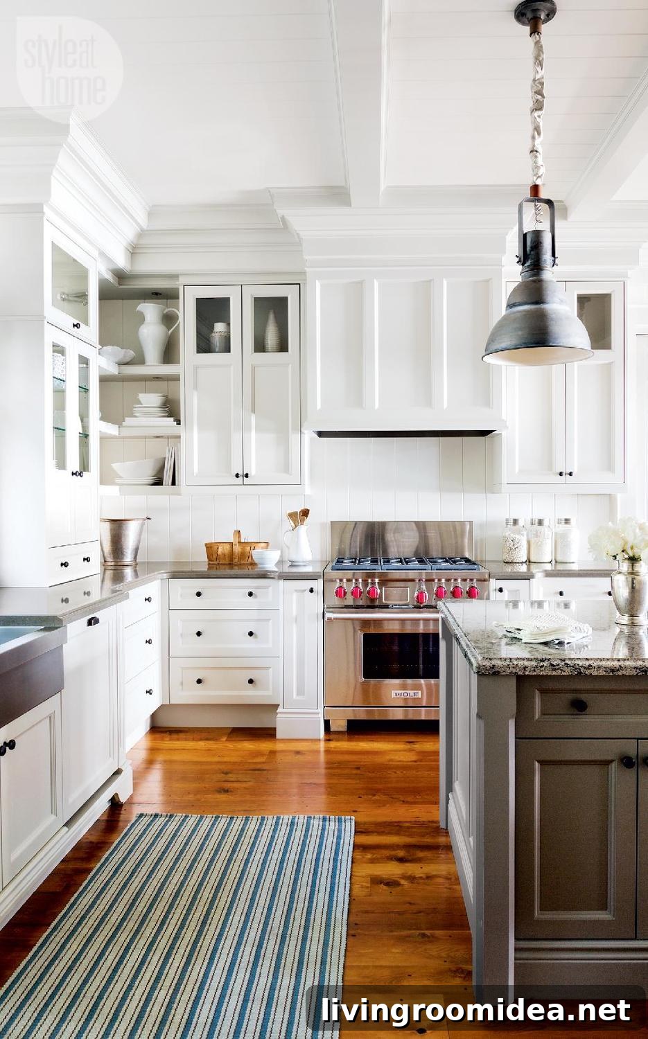 Lake House Style Inspiration: Coastal Cottage Decor Ideas 6 Lake House White Kitchen - Summer Striped Rug