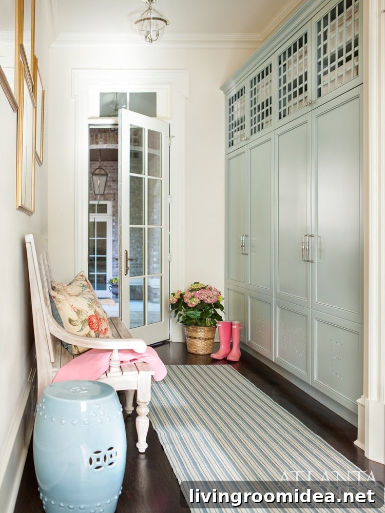 Soft Blue Mudroom with Built Ins
