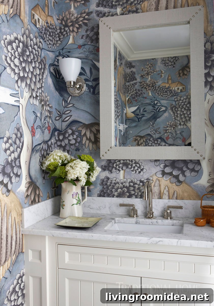 Lake House Style Inspiration: Coastal Cottage Decor Ideas 8 Whimsical Powder Room with Wallpaper