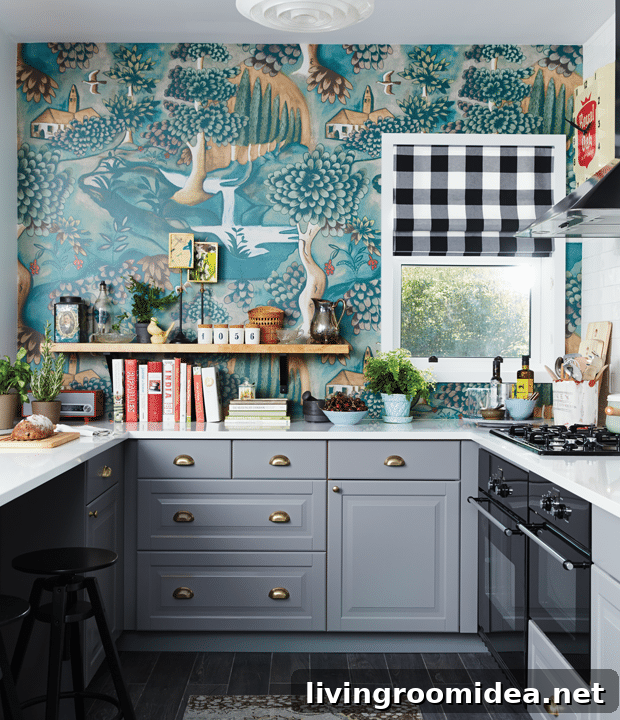 Cottage style wallpaper kitchen, buffalo check shades