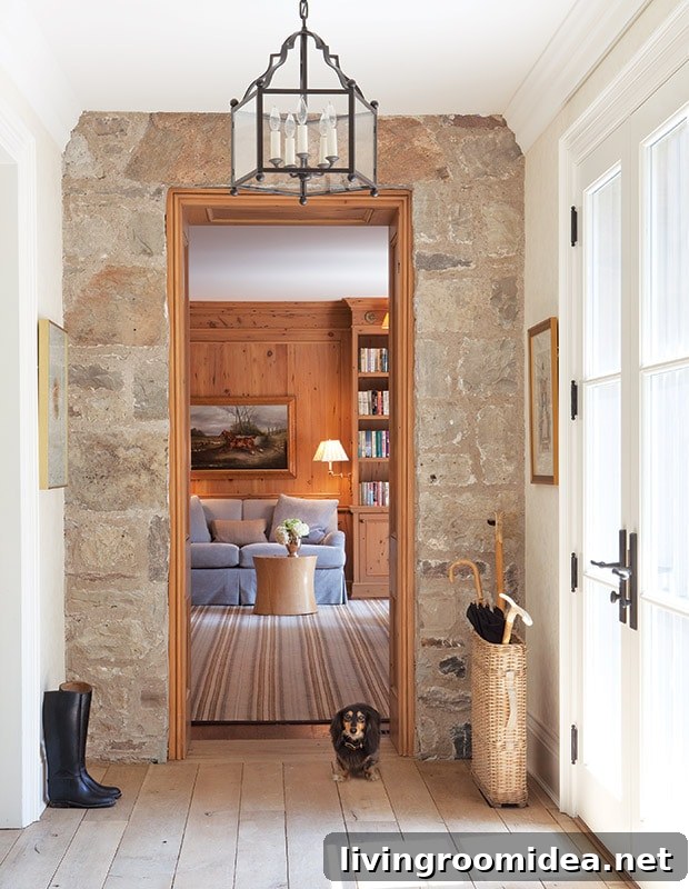 Cottage style entry, stone walls