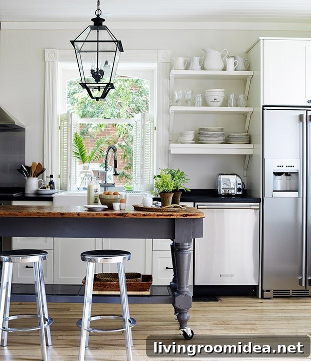 cottage style kitchen, lantern and island
