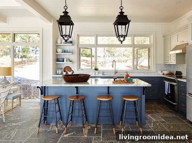 Cottage Style Kitchen, stone floors, navy cabinets