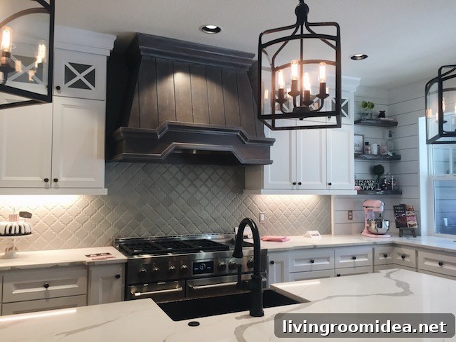 White Kitchen - Black Hardware - Gray Wood Hood - Black Faucet - Black Lanterns
