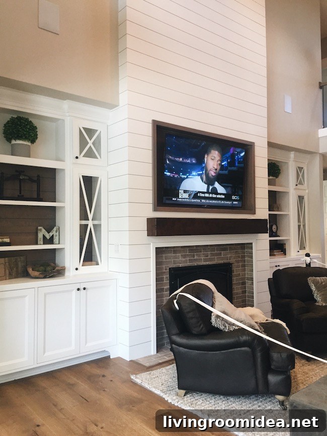 Shiplap Fireplace X Glass Cabinets Family Room
