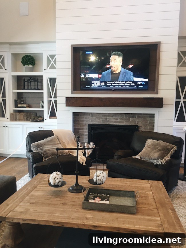 Inside a Modern Farmhouse: Street of Dreams Home Tour 22 Shiplap Fireplace Wood Mantel - Built Ins - X Glass Doors - Street of Dreams