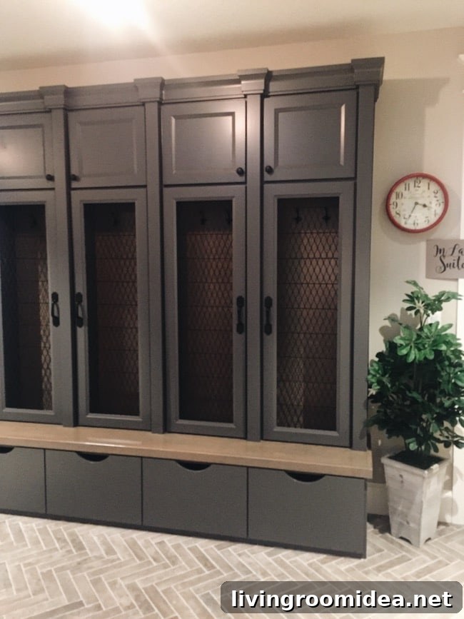 Gray Built in Lockers Laundry Room Herringbone Floor