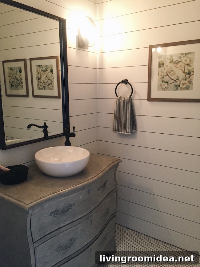 Inside a Modern Farmhouse: Street of Dreams Home Tour 37 Shiplap Walls Powder Room - Dresser Vanity