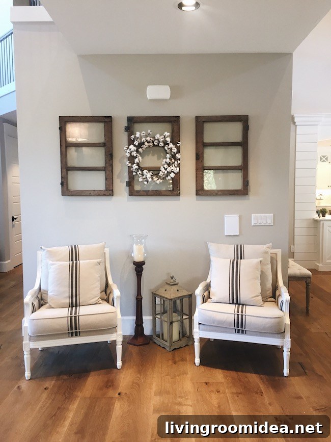 Cotton Wreath - Grain sack Upholstery Chairs - Wood Farmhouse Windows on Wall Street of Dreams