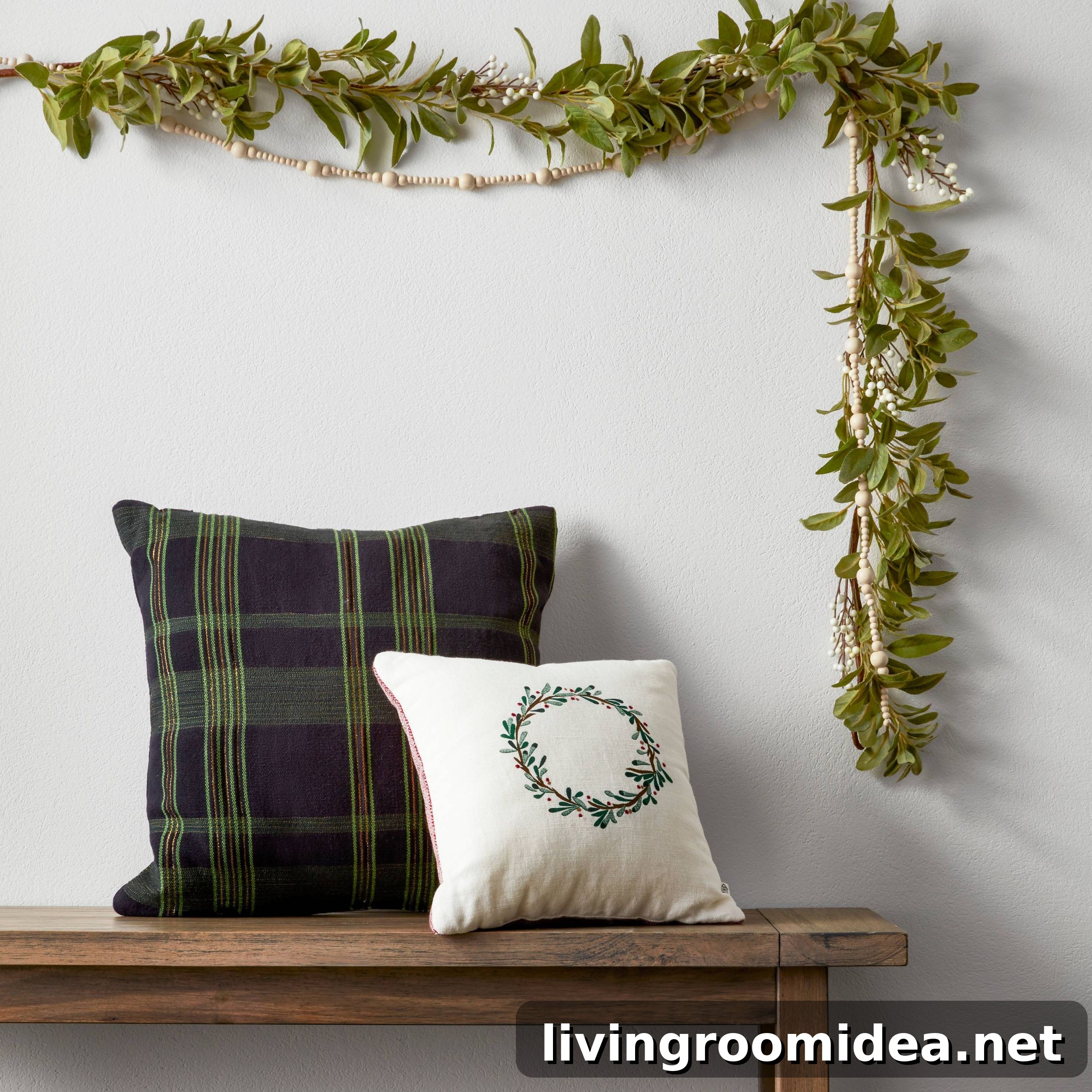 Wood Bead Garland, Plaid Pillows