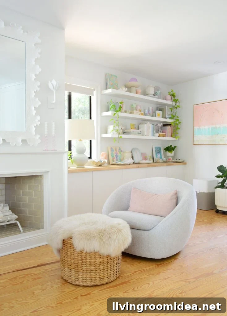 West Elm Swivel Chair In Beachy Bedroom With Ikea Lack Shelves In Background