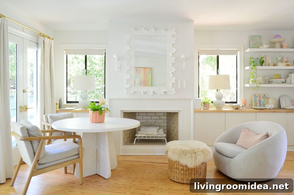 Beachy Bedroom Side With Fireplace And Terrazzo Table