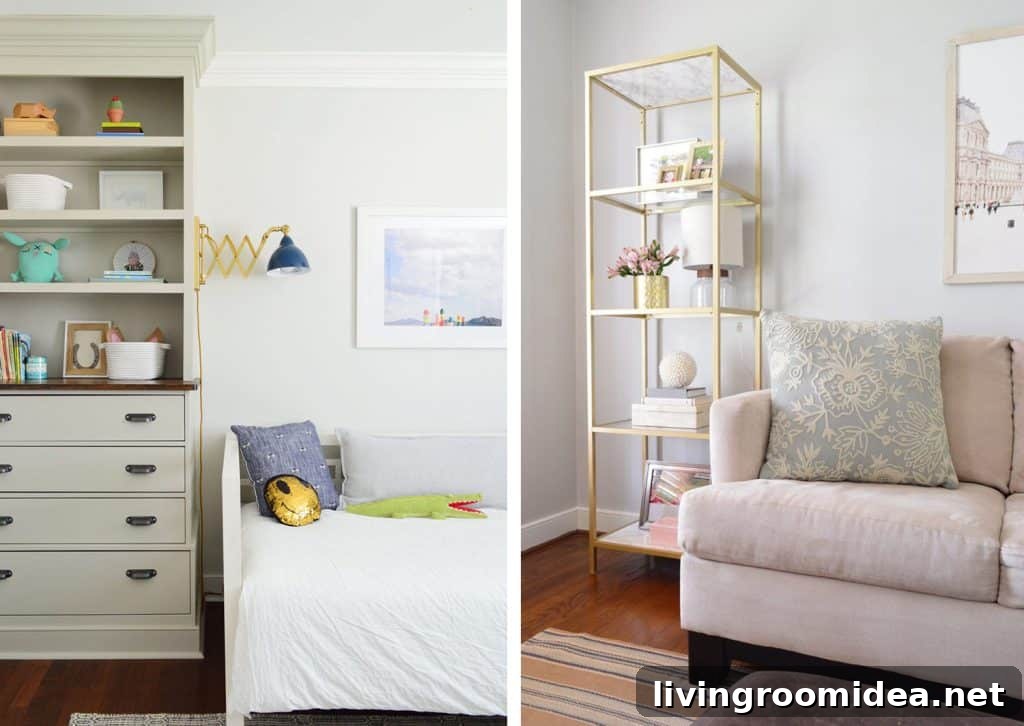 Side by side of built in book case Ikea Hack and brass spray painted glass shelf