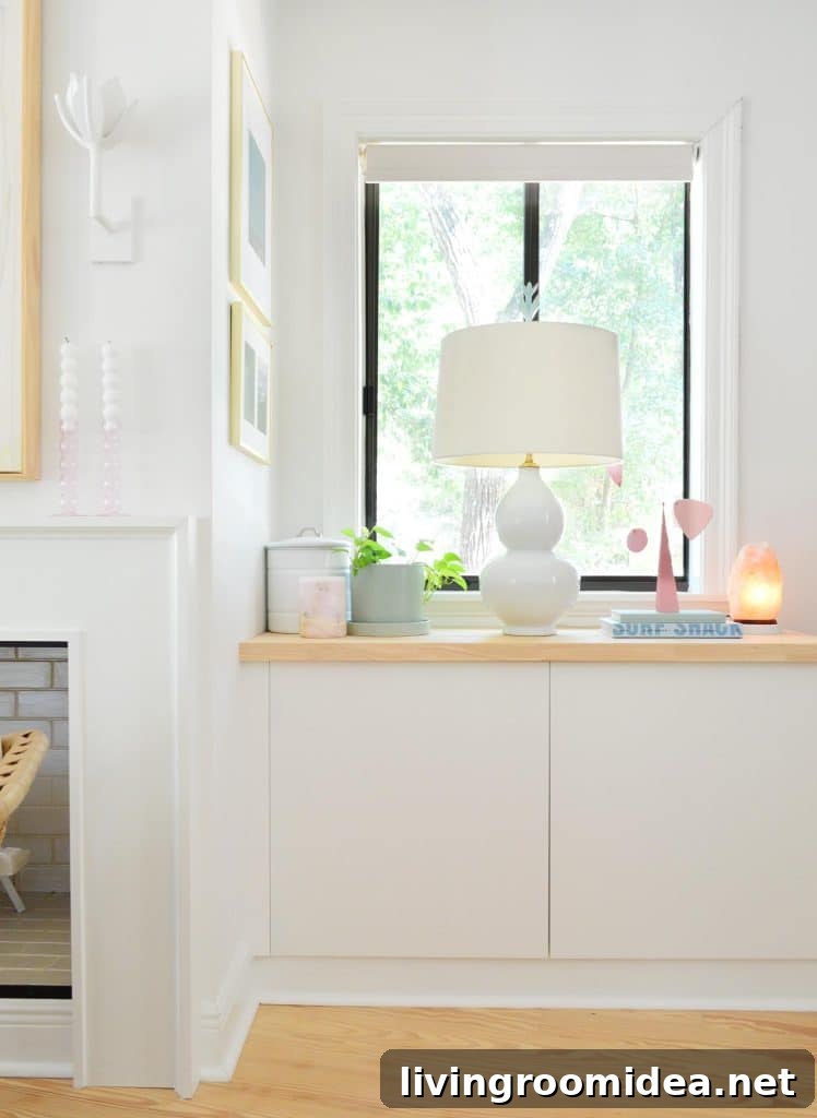 Ikea Besta Built In Next To Fireplace With Lamp and Butcher Block Counter