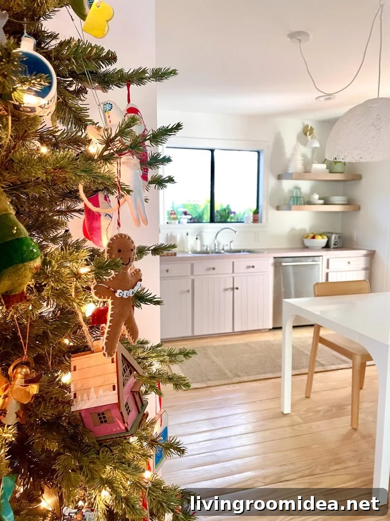 Side of Christmas tree near pantry in kitchen