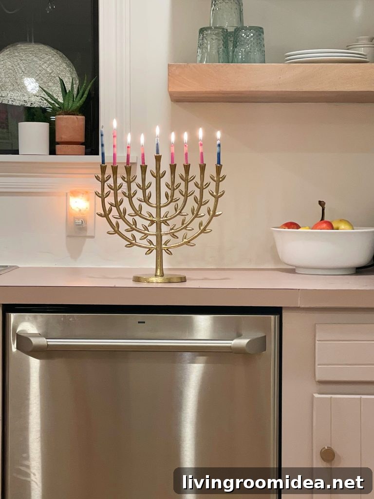 Gold leafy menorah on kitchen table