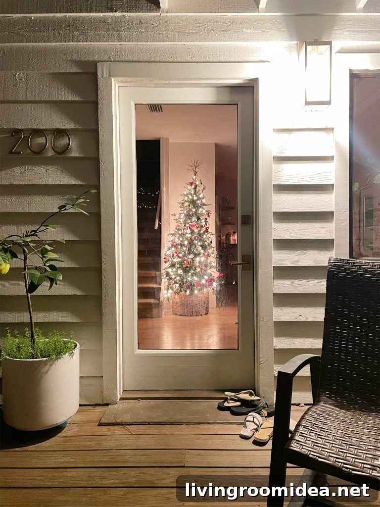 View of Christmas Tree in kitchen through front door at night