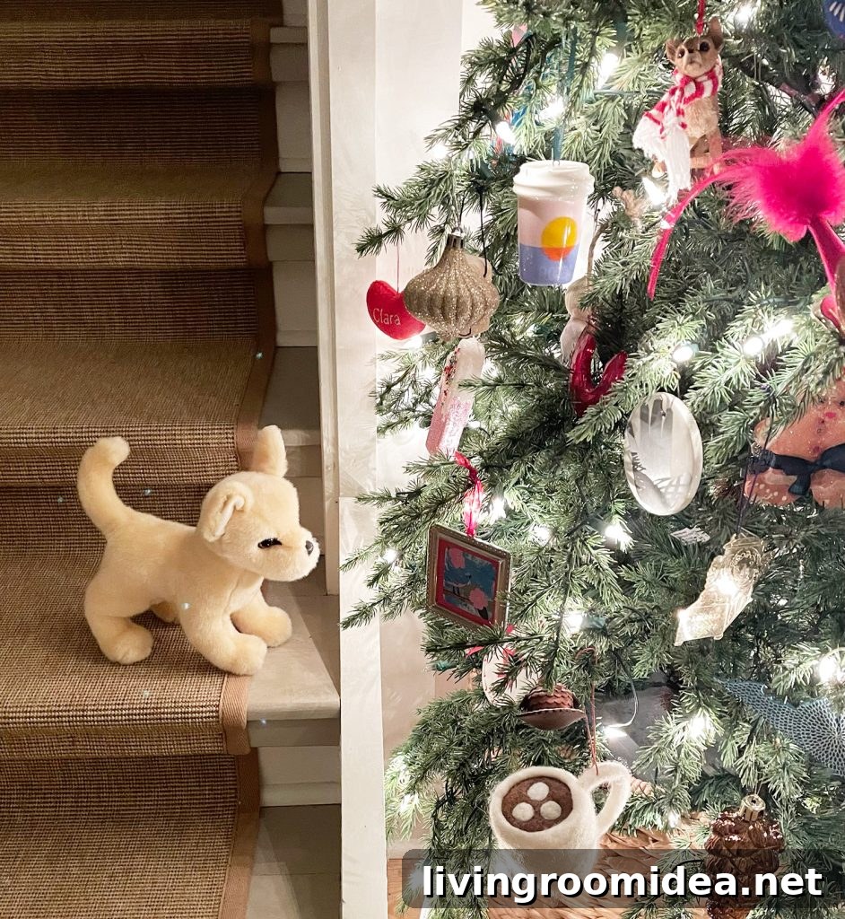 Chihuahua stuffed animal viewing Christmas Tree ornaments