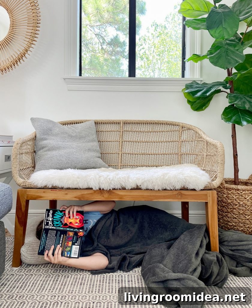 Kid Reading Under A Bench In Living Room With Blanket