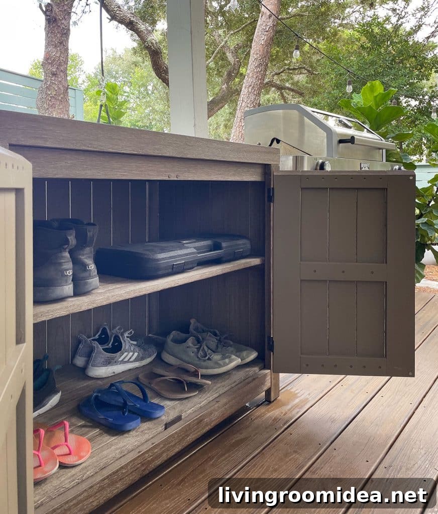 West Elm Portside Outdoor Cabinet Open To Show Shoe Storage