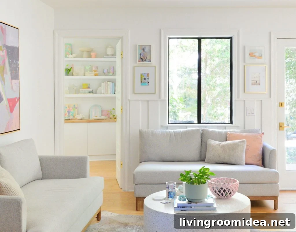 Sitting Area With Loveseats And Doorway Intro Bedroom With Colorful Shelves