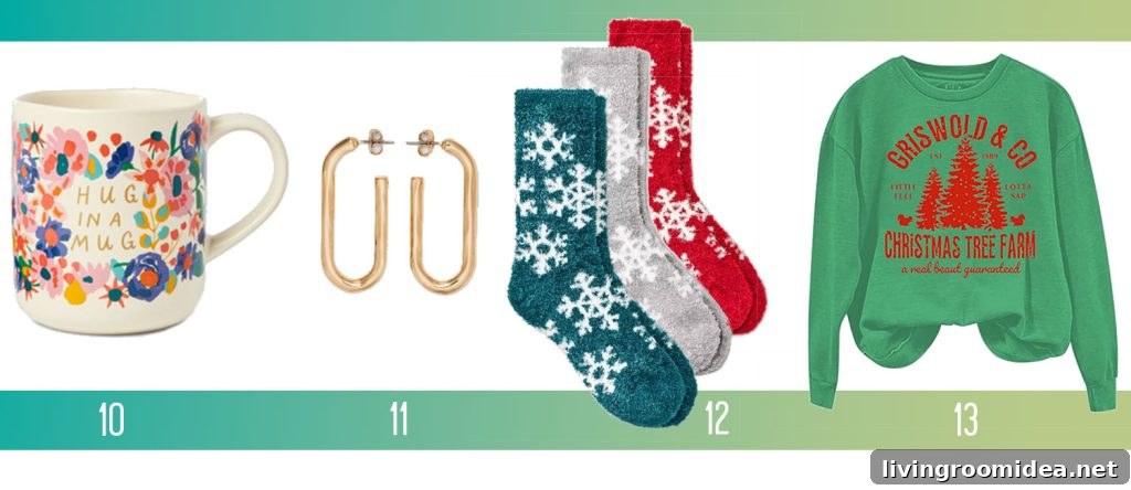 Affordable Holiday Gifts Ideas Hug In A Mug Gold Earrings Cozy Socks Griswold Sweatshirt