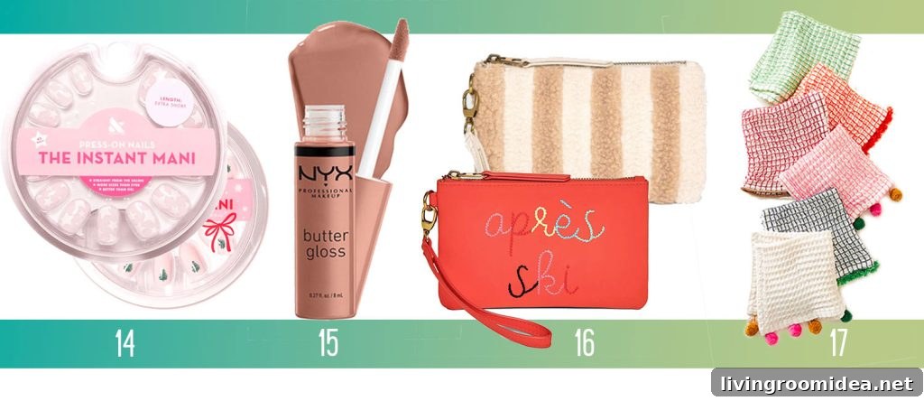 Affordable Holiday Gifts Ideas Olive And June Press On Nails Butter Gloss Makeup Apres Ski Clutch Dishcloth Set