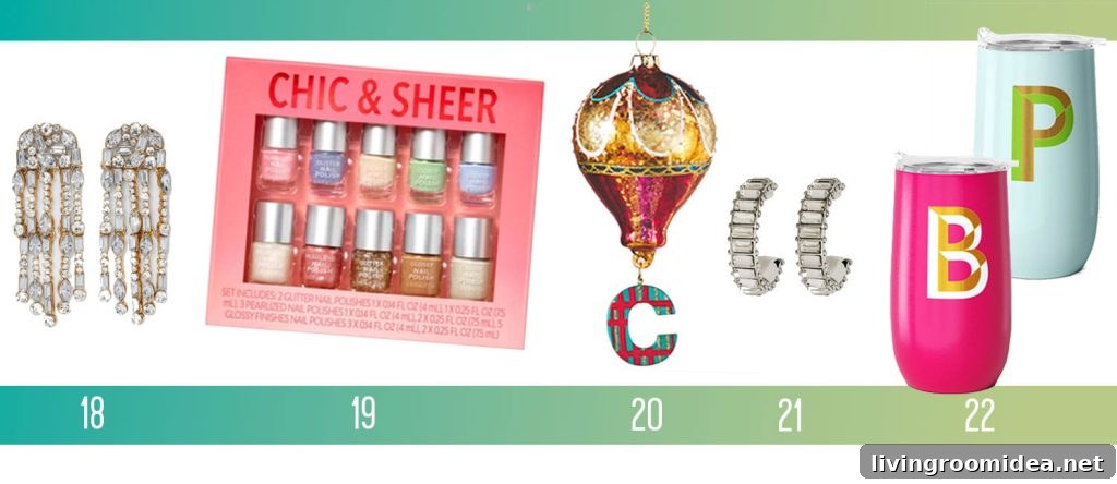 Affordable Holiday Gifts Ideas Earrings Nail Polish Kit Hot Air Balloon Ornament Monogramed Tumbler Mugs