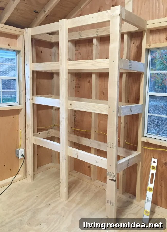 DIY Garage Shelving: Step-by-Step Guide to Build Durable Shelves 11 heavy duty wood garage shelving before plywood tops are applied
