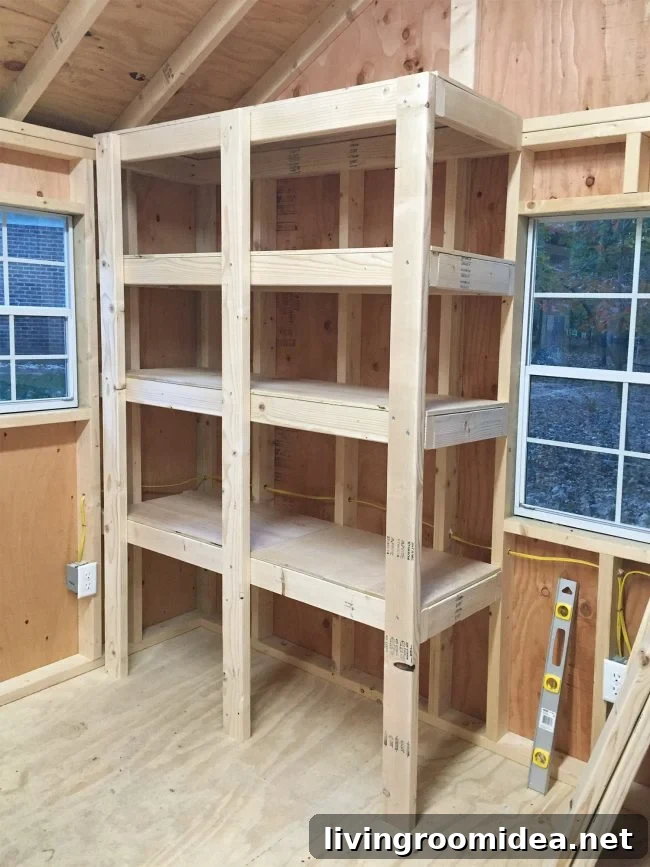 DIY Garage Shelving: Step-by-Step Guide to Build Durable Shelves 12 finished DIY garage shelves with three vertial supports