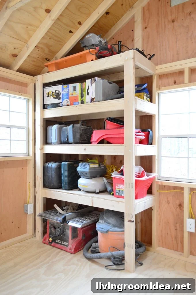 DIY Garage Shelving: Step-by-Step Guide to Build Durable Shelves 13 finished garage shelves in unfinished shed with tools and saws