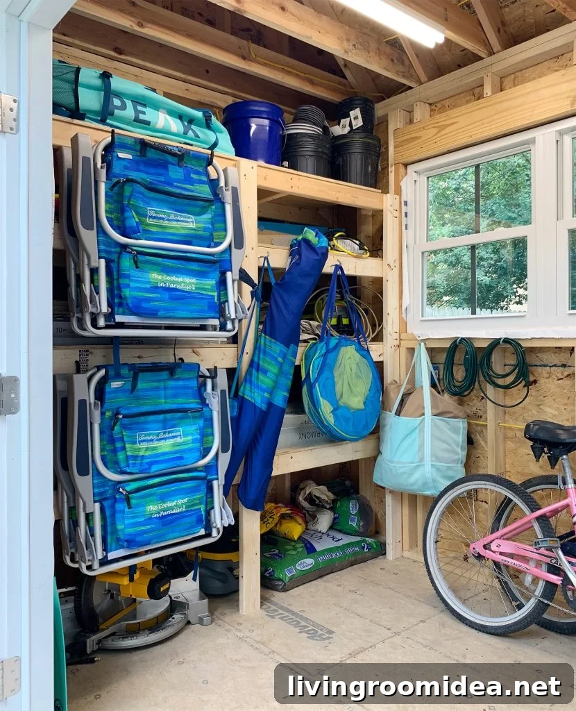 DIY Garage Shelving: Step-by-Step Guide to Build Durable Shelves 14 Heavy duty shelves for beach house shed with beach chairs hung on front