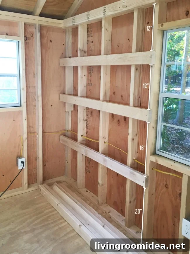 DIY Garage Shelving: Step-by-Step Guide to Build Durable Shelves 5 wood shelf supports attached to shed wall for DIY garage shelves