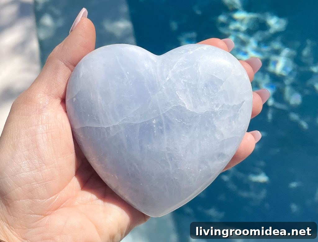 Blue Calcite Heart Crystal Over Water