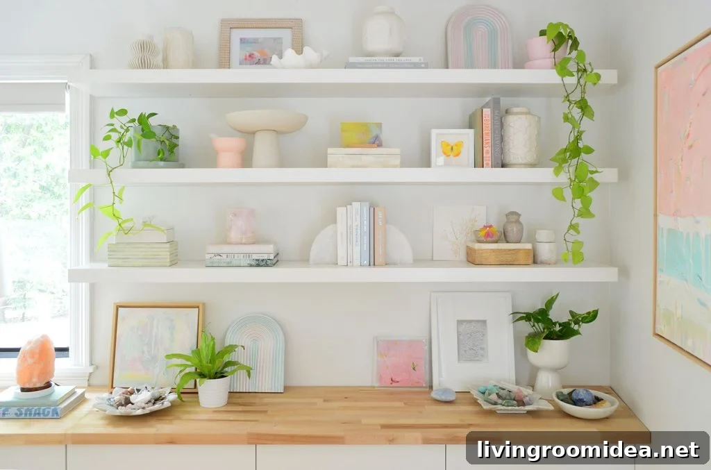 Three Long Ikea Lack Floating Shelves Decorated With Plants Books And Objects