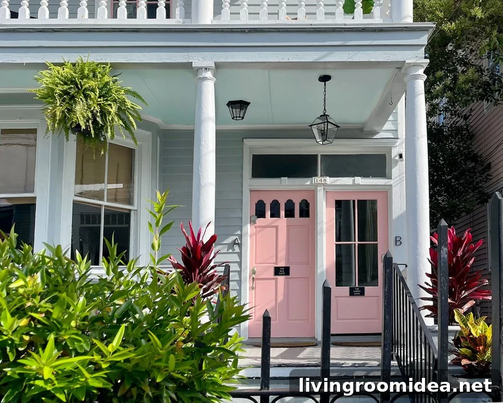 Southern Home With Pink Doors And Haint Blue Porch Ceiling