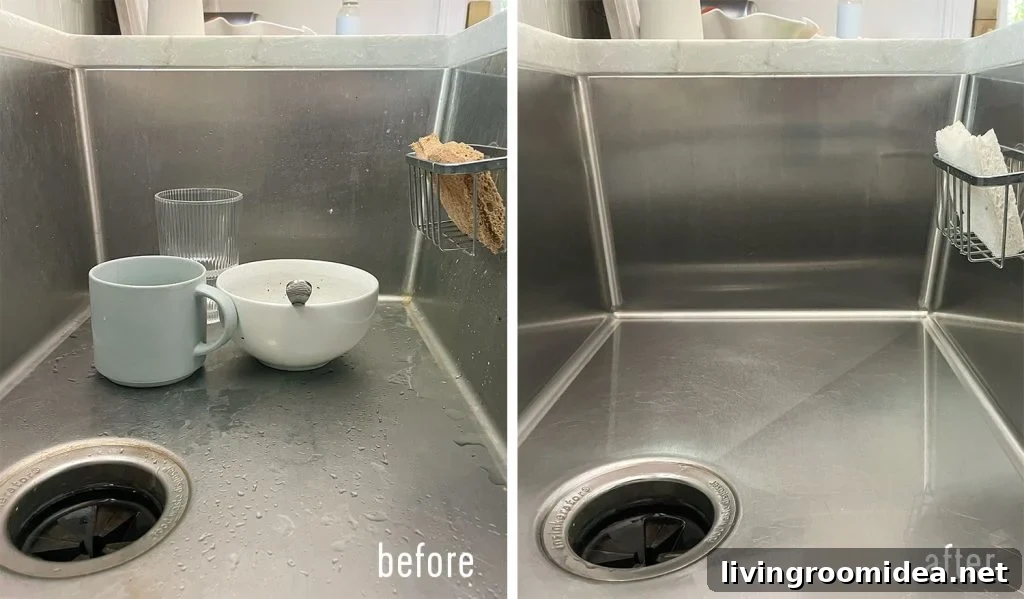 Side by side before and after of dirty and cleaned stainless steel sink